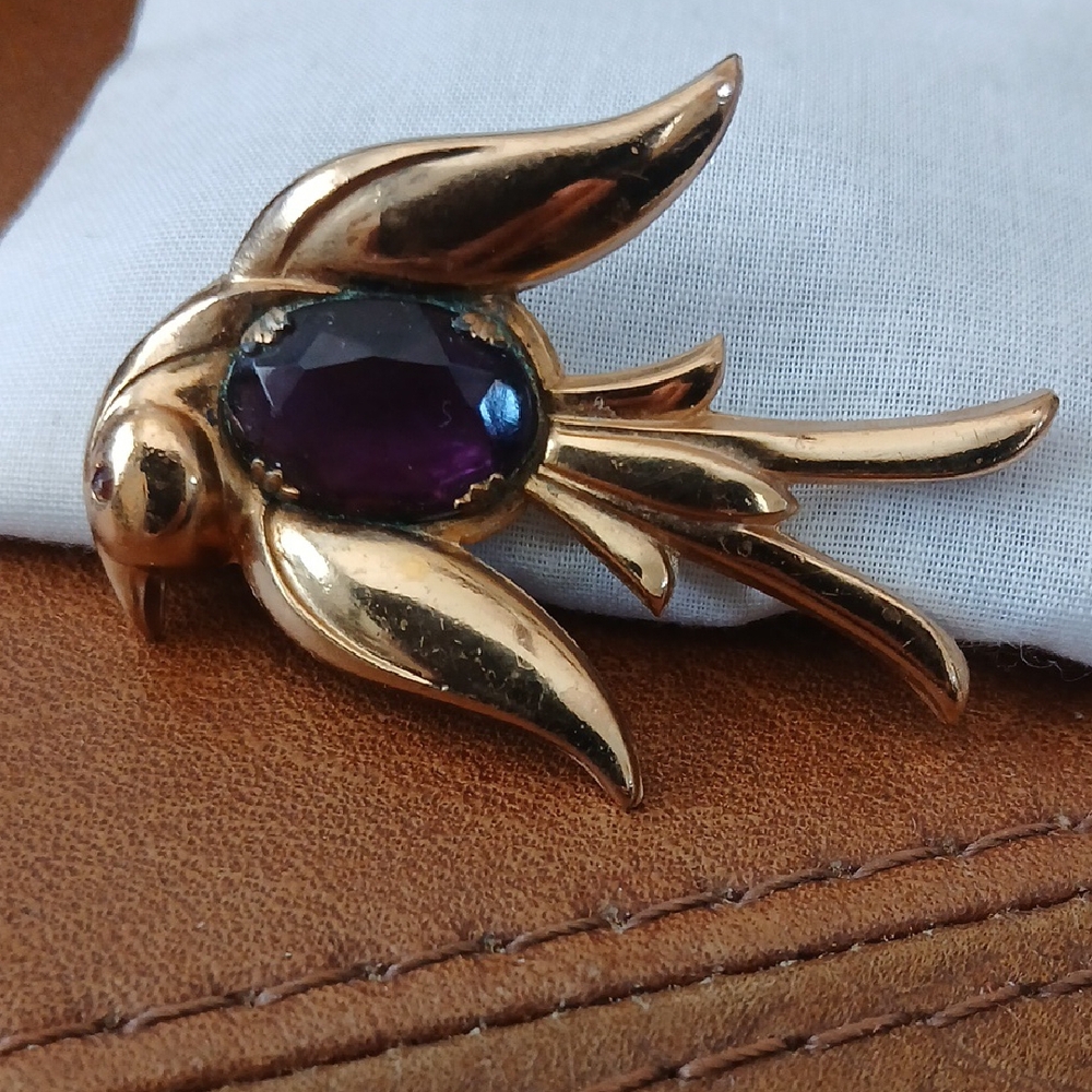 Gold Bird Brooch with Purple Costume Jewelry Coro Pegasus
